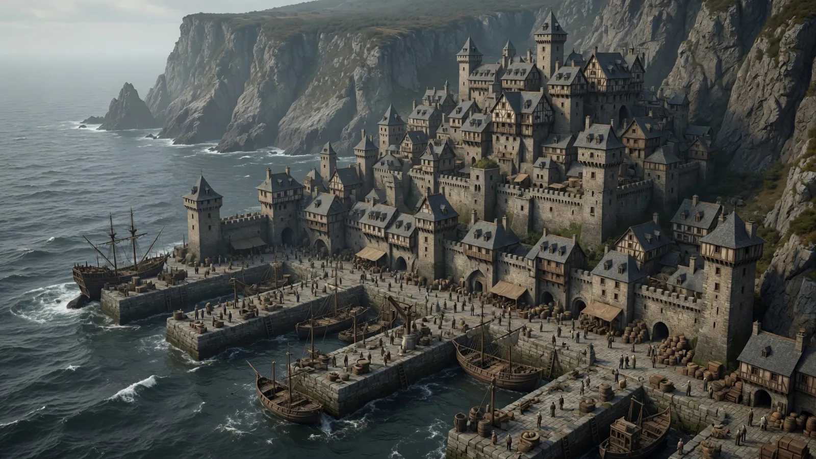 A cliff-stacked medieval capital of grey stone above a stormy sea, ships at its docks.