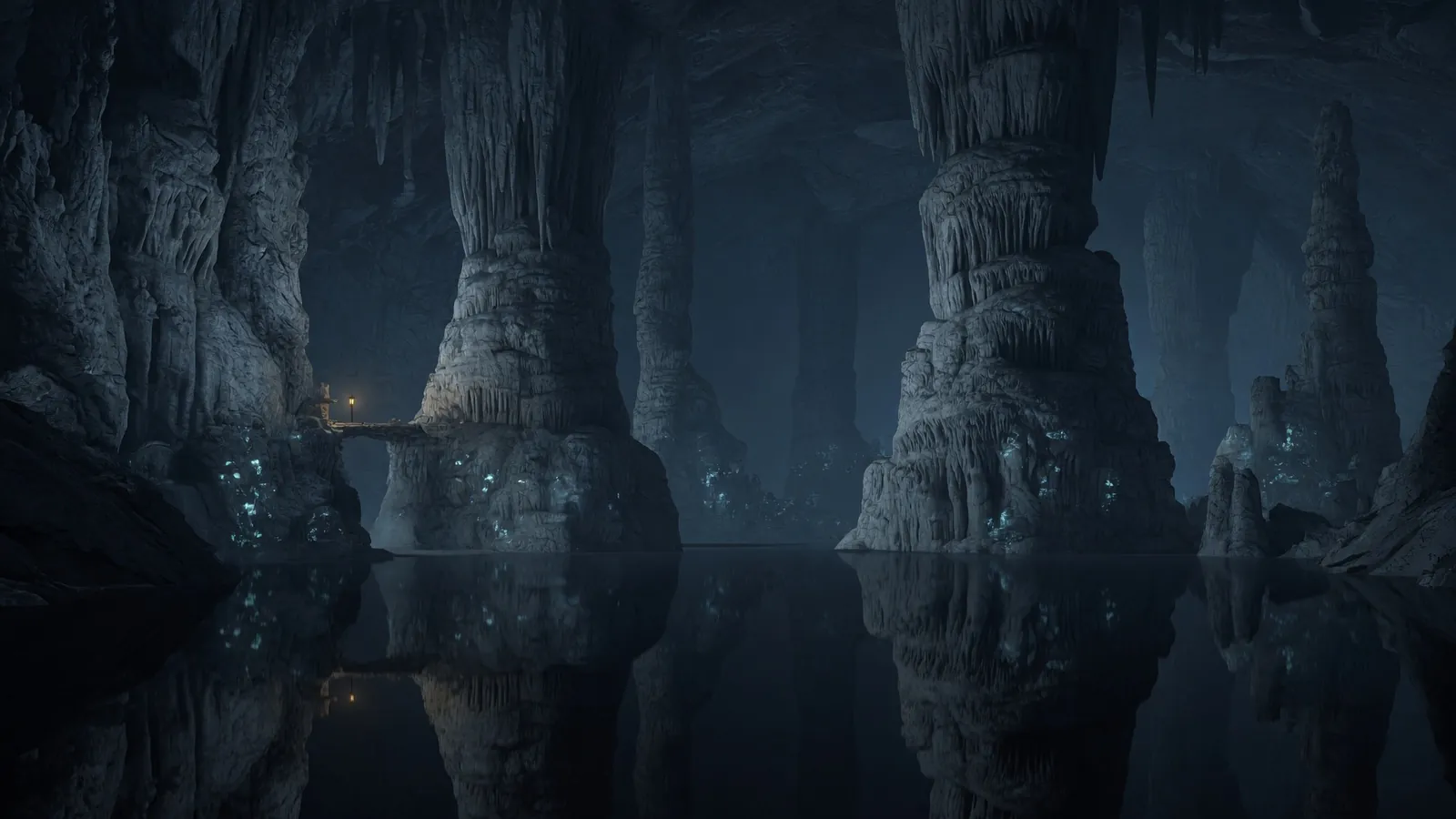A vast underground cavern of pale stone pillars reflected in still black water.