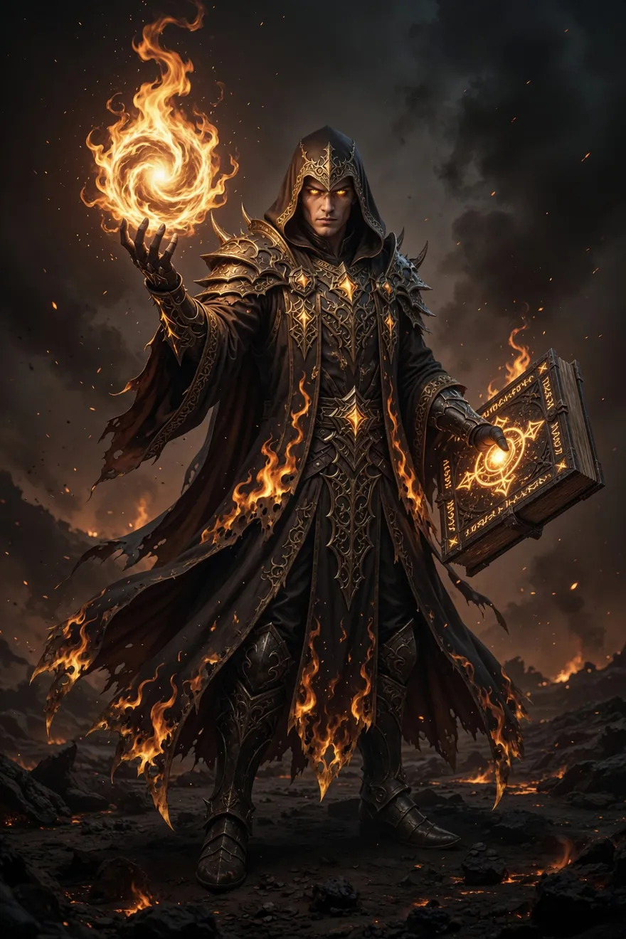 A hooded cultist of the Bleeding Rift channeling warp-fire from a burning grimoire.