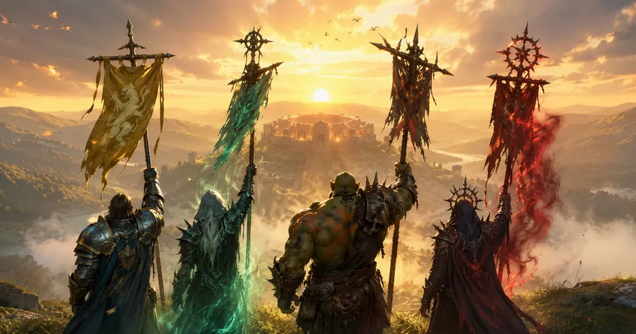 Four champions of the races raising their banners on a hill at sunrise, facing the distant keep.