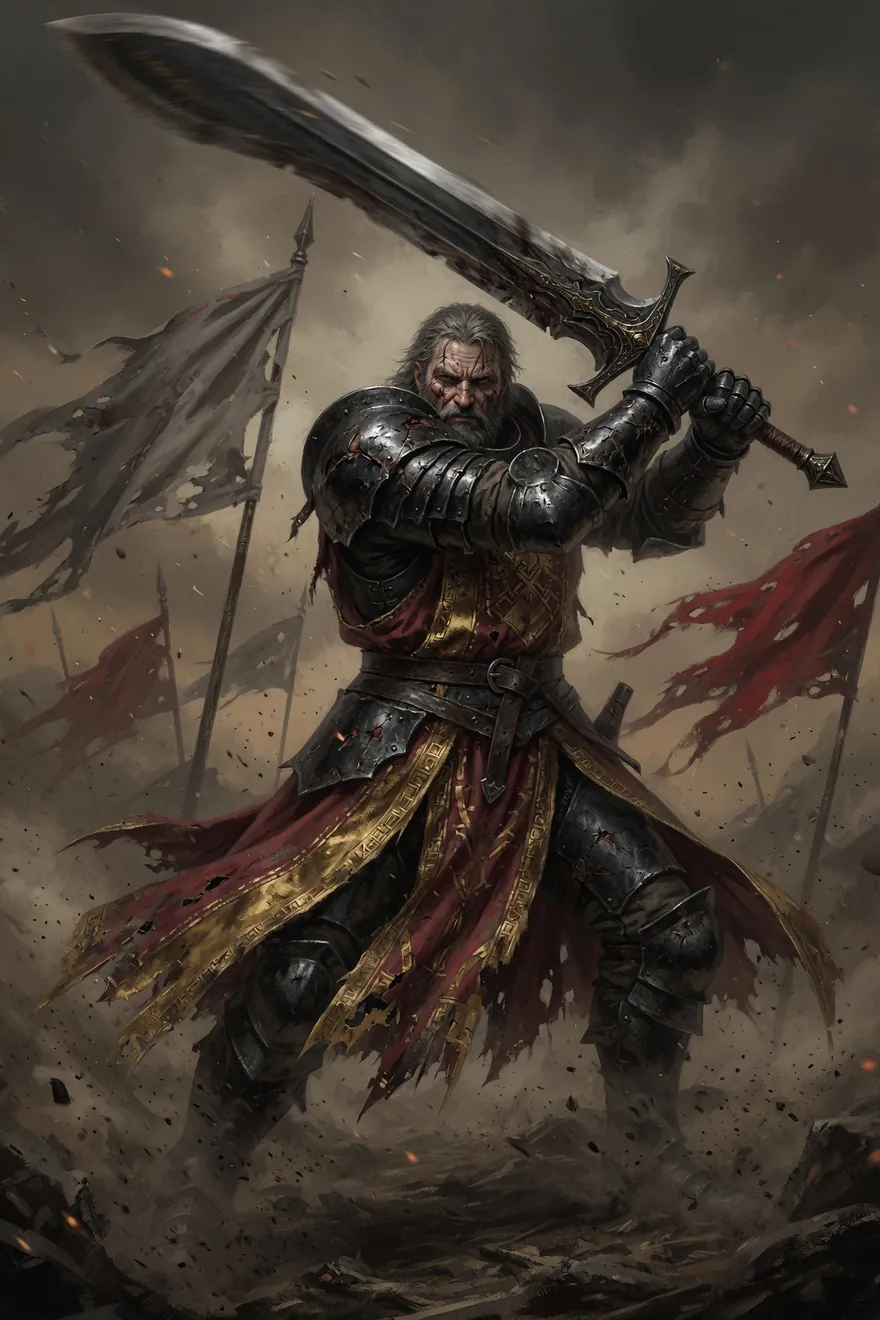 A grizzled Aurelian knight in black-and-gold plate raising a greatsword amid torn banners.