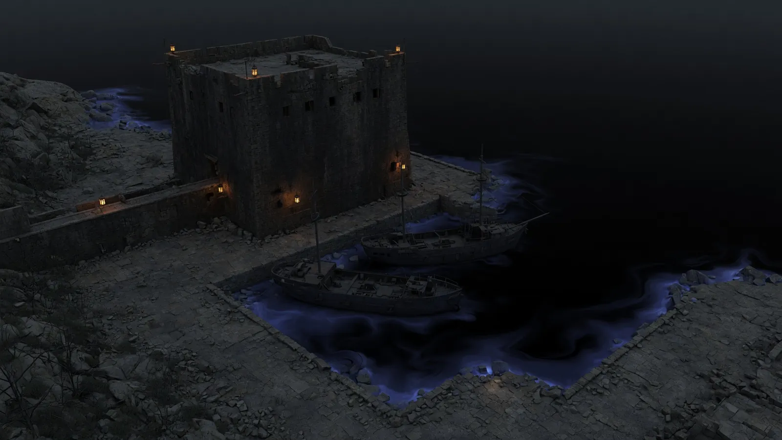 A lone keep at the edge of the world as rift-light bleeds through the dark water.