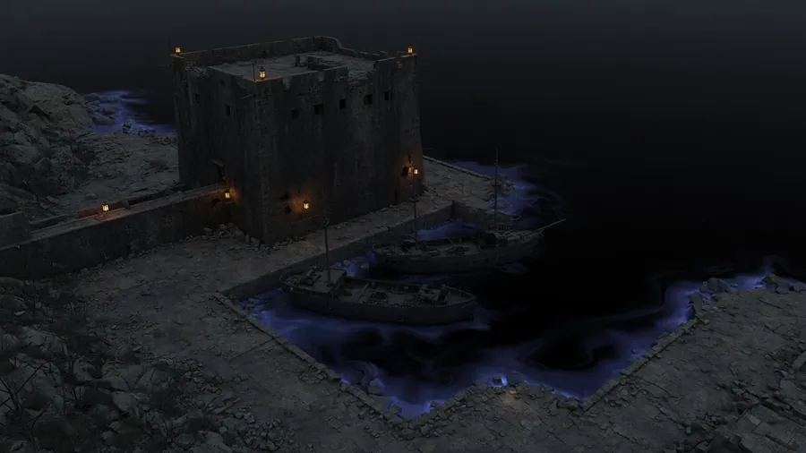 A lone keep at the edge of the world, rift-light in the dark water.