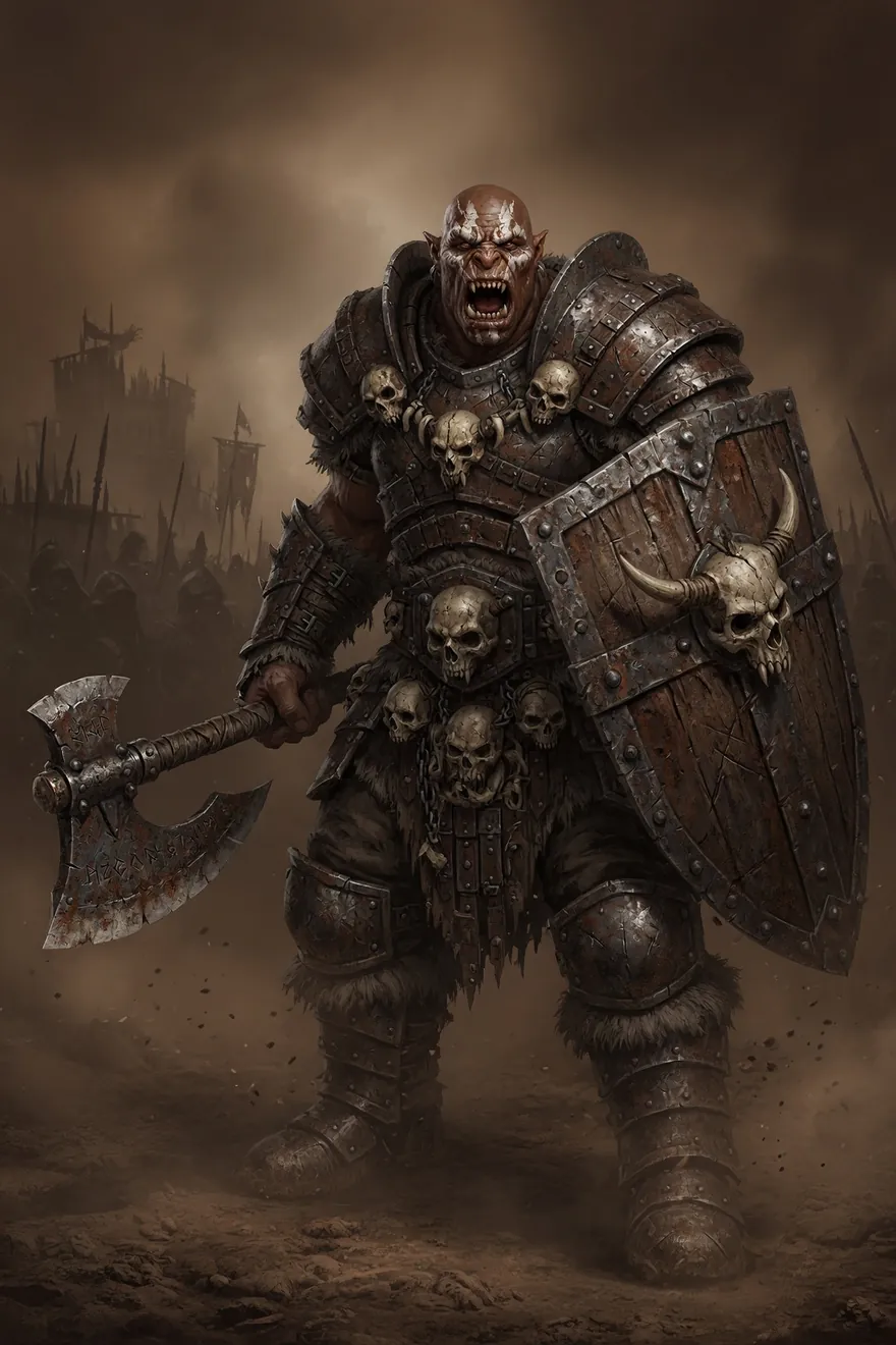 A towering skull-clad orc warlord with a heavy axe and shield on a dust-choked field.